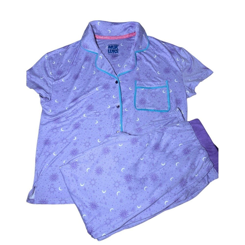 MUK‎ LUKS Celestial Pajama Set Medium Purple Sun Moon Stars Occult Evil Eye